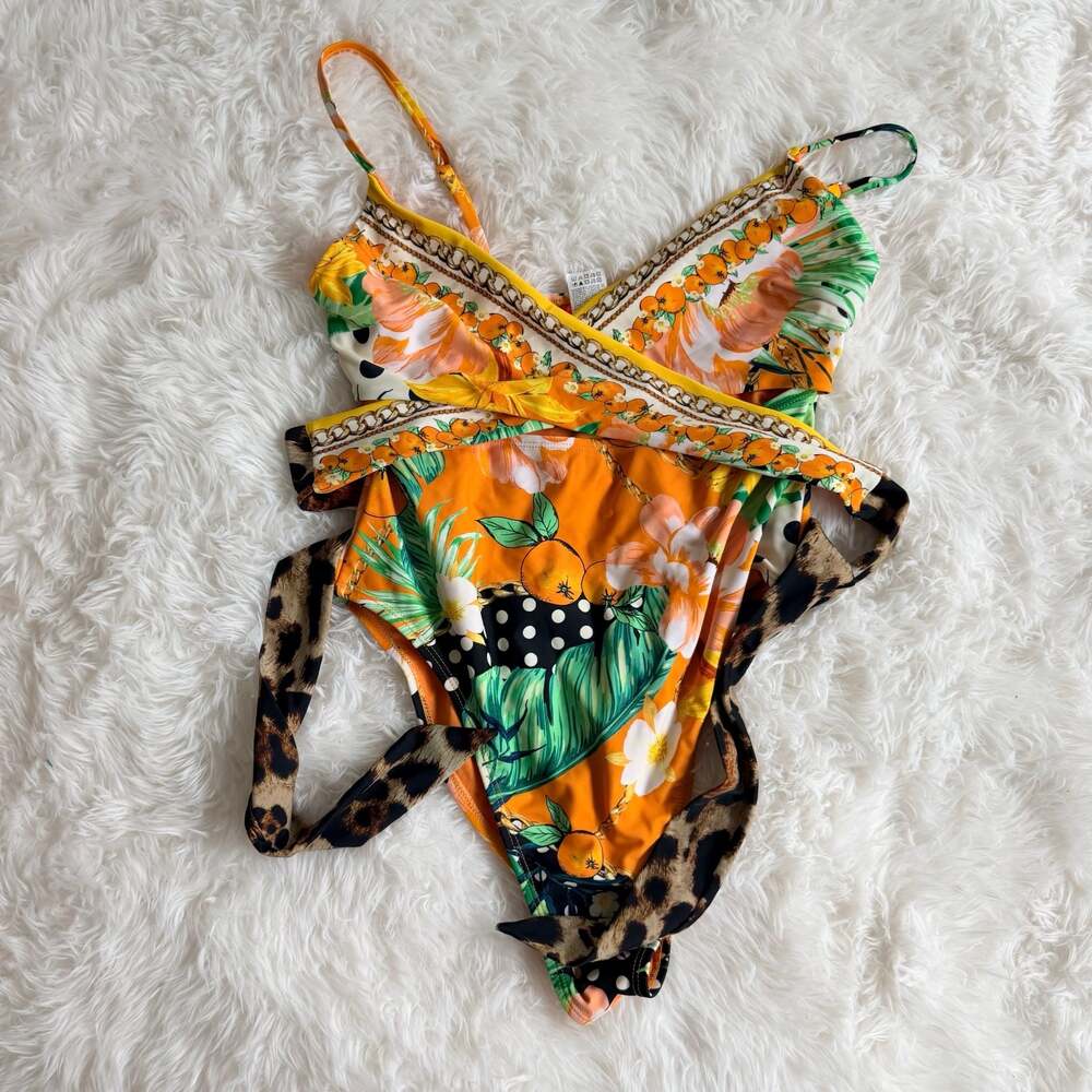 River Island Floral Wrap Front Swimsuit Leopard Tie Orange